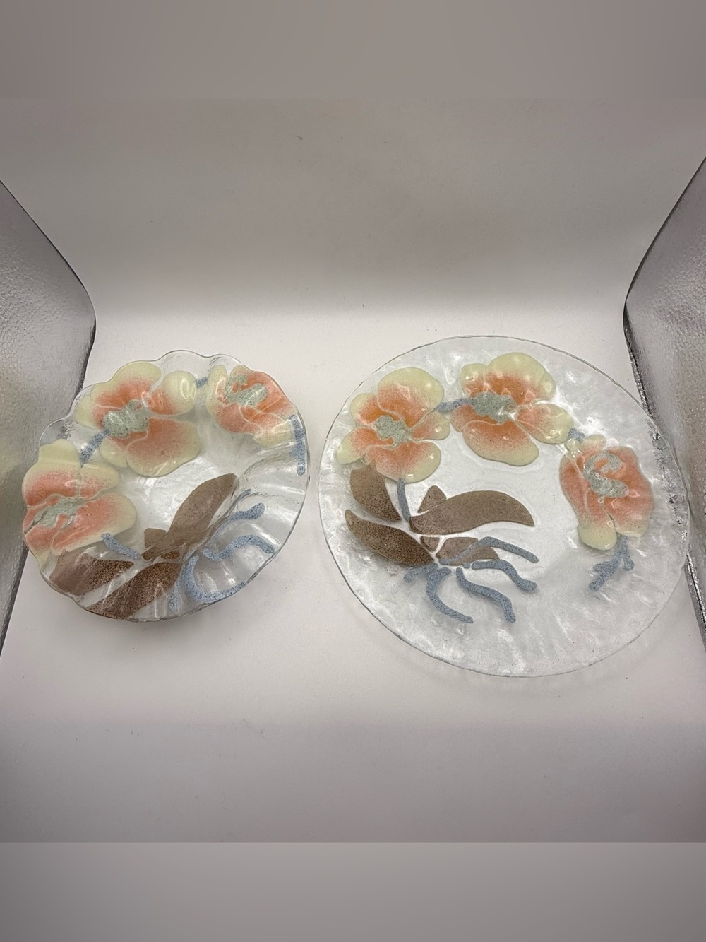 Set Of 2 Sydenstricker Handmade Fused Glass Bowl And Plate with Orchids Signed